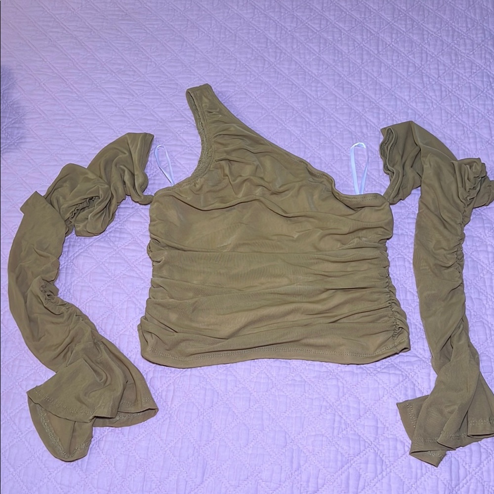 Olive Green One-Shoulder Top with Sleeves